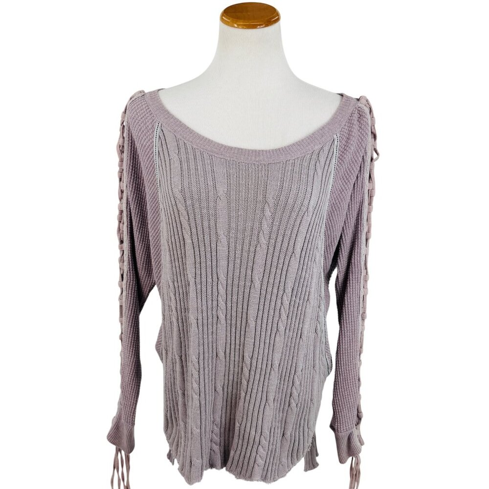 Free People Lilac Lace Up Sleeve Thermal Cable Knit Sweater | Boho Grunge Fairy - Picture 2 of 16